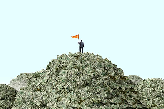 illustration of man with flag standing on mountain of dollar bills